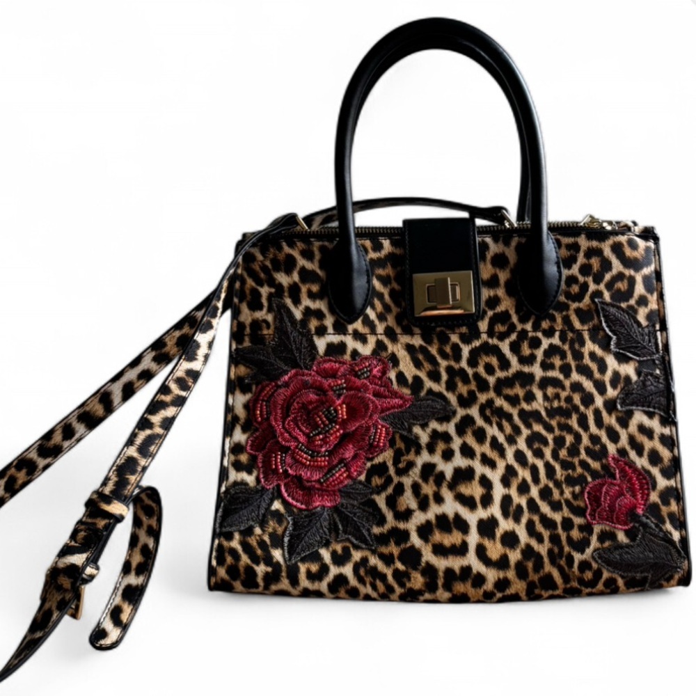 Like NEW BEBE Leopard Print Handbag with Red Floral Accents PURSE